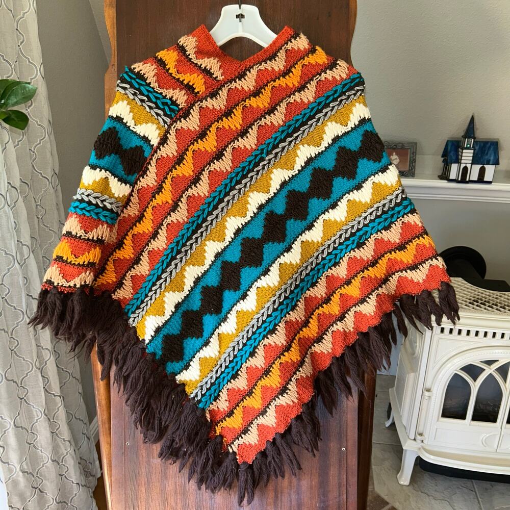 Boho Multicolor Fringe Knit Poncho Sweater - Scoop Neck